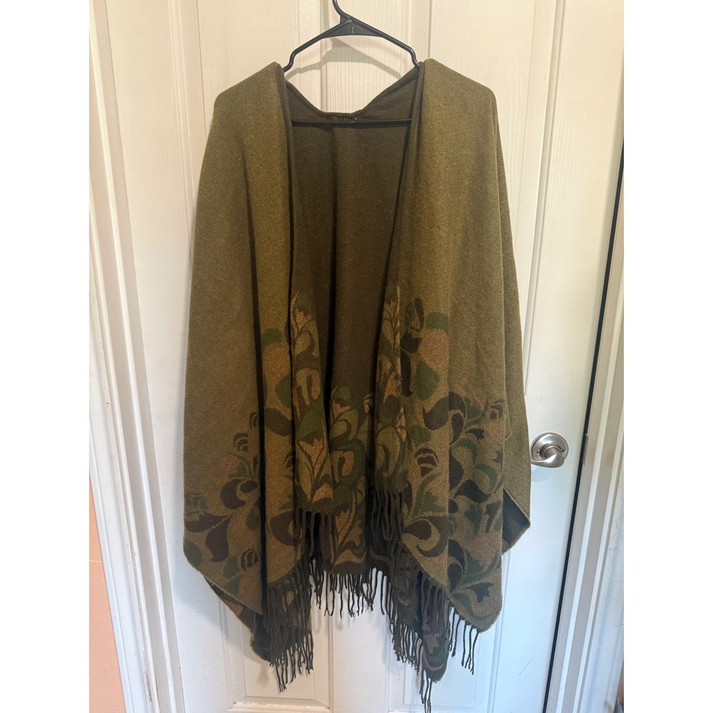 Olive Green Reversible Floral Fringe Cape Open Front Wrap Coat One Size - Picture 1 of 4